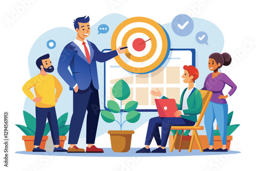 A manager outlines business goals while team members engage in a productive discussion in the office, Manager explains business target