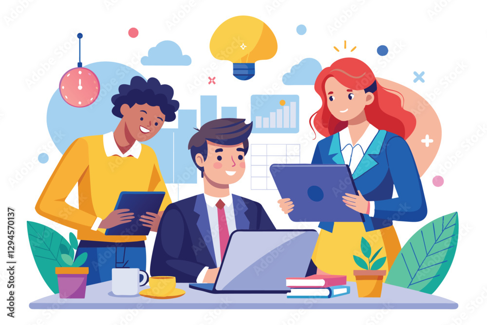 Three managers are engaged in a creative collaboration while discussing their project in an office, Managers working on project together Three managers are engaged in a creative collaboration while discussing their project in an office, Managers working on project together