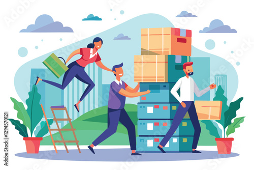 Managers and office workers are actively moving boxes in an outdoor urban environment, showcasing teamwork, managers or office workers moving boxes to assemble towers,