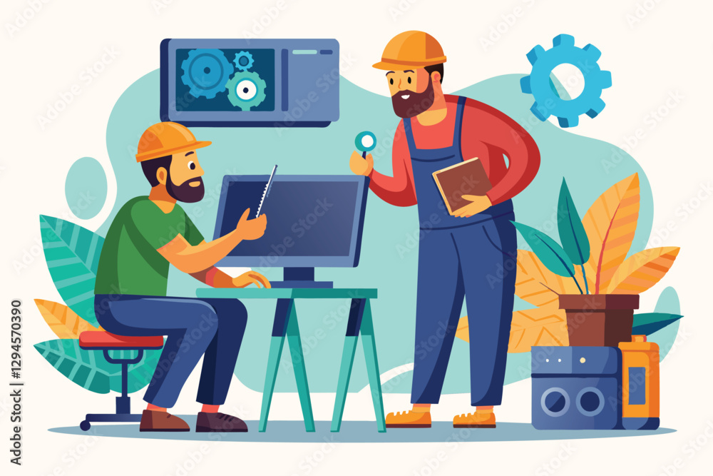 A man consults with a handyman while fixing a computer in a home office environment, man and handyman fixing computer error A man consults with a handyman while fixing a computer in a home office environment, man and handyman fixing computer error