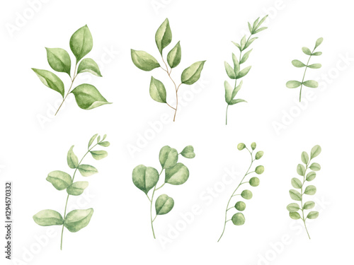 Watercolor set of green leaves