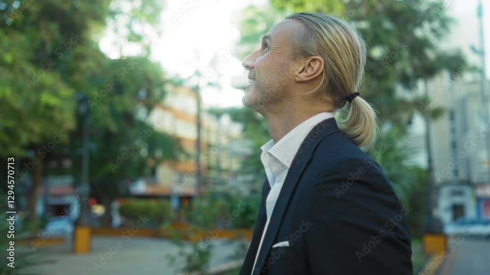 Man smiling in urban park, middle-aged, caucasian, wearing suit, outdoors, sunny day, city background, positive expression, blonde hair, relaxed demeanor. Man smiling in urban park, middle-aged, caucasian, wearing suit, outdoors, sunny day, city background, positive expression, blonde hair, relaxed demeanor.