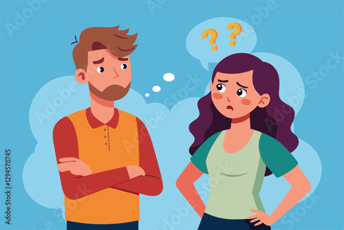 A man and a woman appear confused while trying to communicate, unsure of each other's understanding, Man and woman do not understand each other,