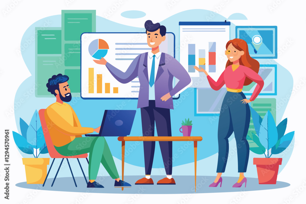 A man and a woman are presenting business concepts while a viewer takes notes on a laptop, man and woman present jobs in front of the room about the growth of the company