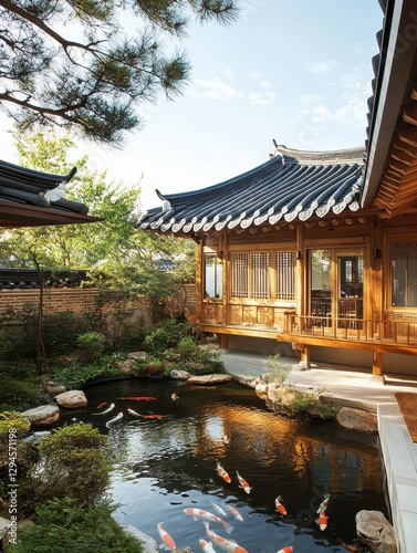 Beautiful Asian Garden Scene Featuring Koi Fish and Tranquil Water Features photo