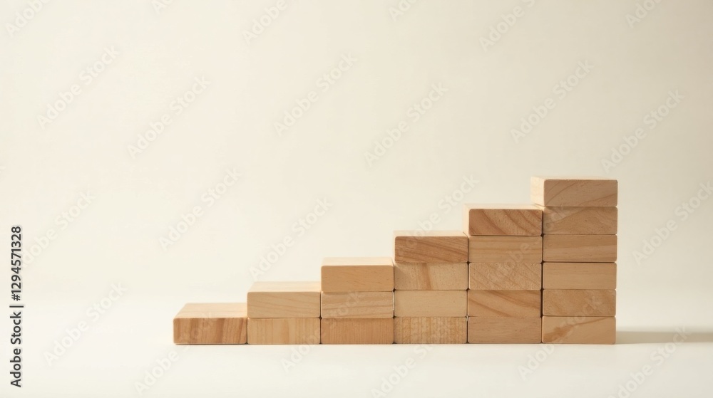 Wooden blocks arranged in ascending steps symbolize growth and progress towards a goal Wooden blocks arranged in ascending steps symbolize growth and progress towards a goal