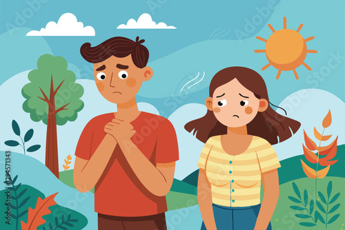 A man and woman stand outdoors, showing signs of discomfort due to the high air temperature, Man and woman suffer from high air temperature in summer season,