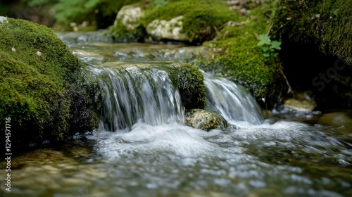 A gentle stream flows over moss-covered rocks, creating a serene and refreshing scene nestled within lush woodland.