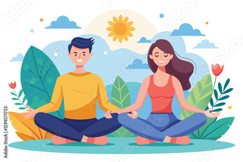 A man and woman sit calmly in lotus position, enjoying meditation in a vibrant, sunny outdoor setting, Man and woman with mental calmness sit in lotus position,