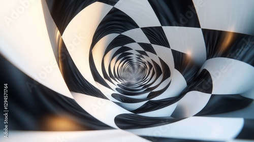 3D-like abstract spiral illusion created from bold, geometric shapes with sharp edges and a monochrome color palette