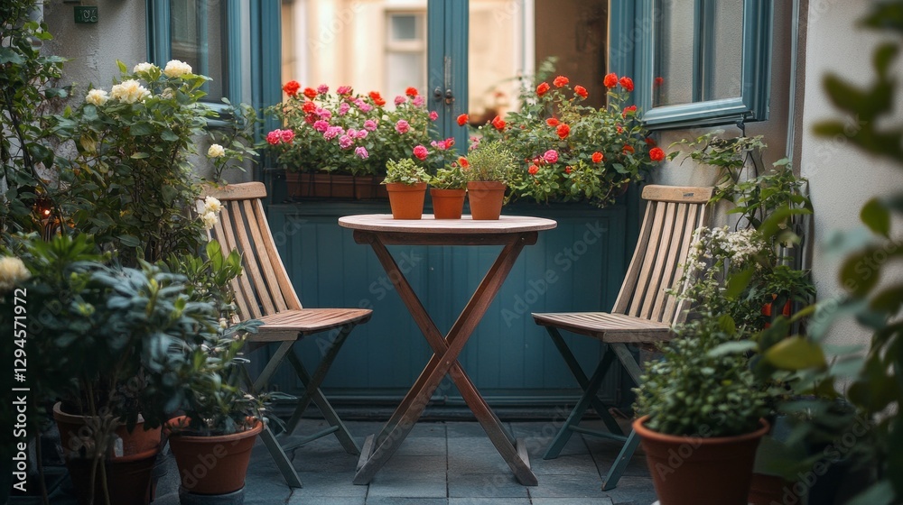 Naklejka premium This charming balcony features small bistro furniture surrounded by lush potted flowers, offering a tranquil spot for relaxation and enjoying fresh air in a peaceful setting