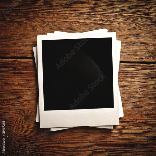 Vintage polaroid photo wooden table, photo frame