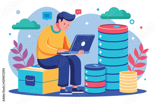 A man is focused on backing up his digital data while sitting next to colorful database images, man backup database via laptop
