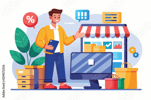 A man is actively buying items online, using an electronic payment method in a lively shop environment, man buying goods in shop online transfer