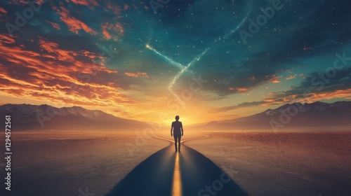 A person standing at a split road with infinite paths, the horizon glowing to symbolize the boundless nature of free will and potential futures