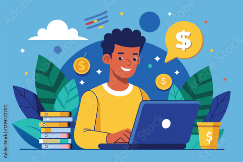 A man happily counts money on his laptop, surrounded by colorful graphics and greenery, deep in thought, man counting money on laptop