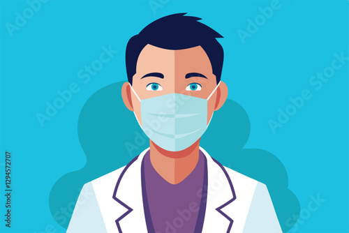 A healthcare professional in a medical mask is presented in a clinic environment, focusing on safety, Man doctor with medical mask icon Vector style