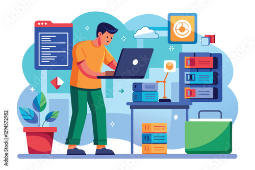 A man is actively backing up data in a well-organized office filled with technology and files, man doing storage backup using laptop