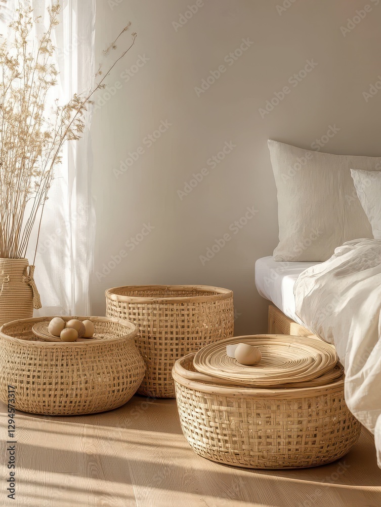 Fototapeta premium A neutral toned interior with three woven baskets