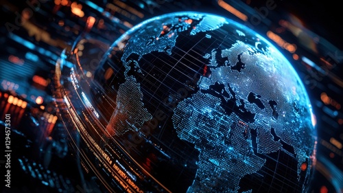 Holographic globe displaying real-time satellite data, futuristic AI-driven global monitoring system, high-tech digital visualization