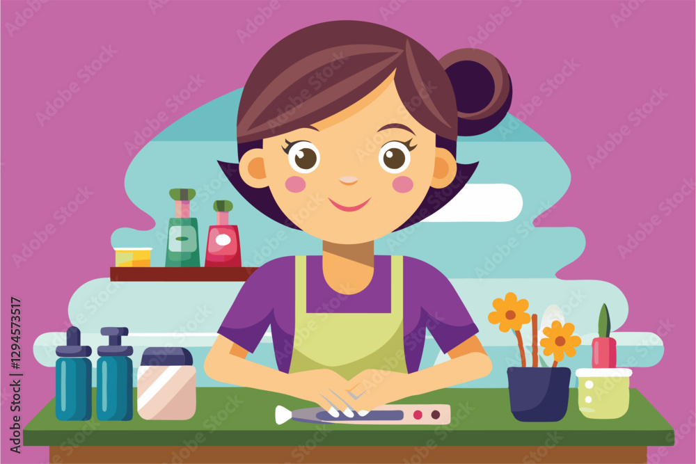 A cheerful manicurist is busy at her workspace, preparing to perform nail care in a vibrant salon, Manicurist Customizable Cartoon Illustration A cheerful manicurist is busy at her workspace, preparing to perform nail care in a vibrant salon, Manicurist Customizable Cartoon Illustration
