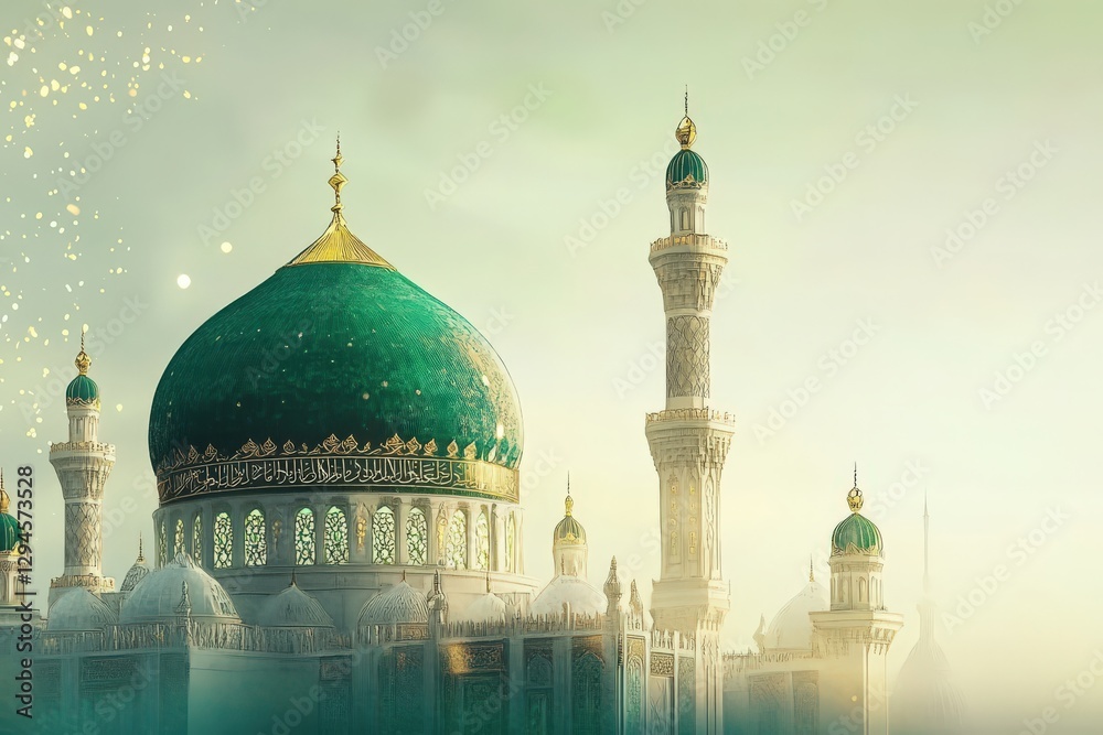 Obraz premium islamic architecture grand mosque with emerald green dome and golden calligraphy in a peaceful ambiance