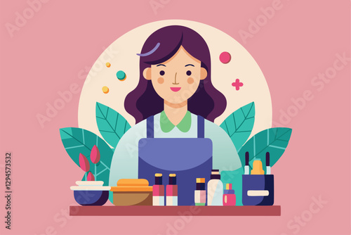 A skilled manicurist stands ready with various nail polish colors and tools in a vibrant salon ambiance, Manicurist Customizable Flat Illustration