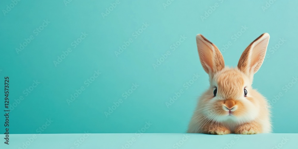 Obraz premium Cute fluffy bunny sitting against a light blue background with curious expression