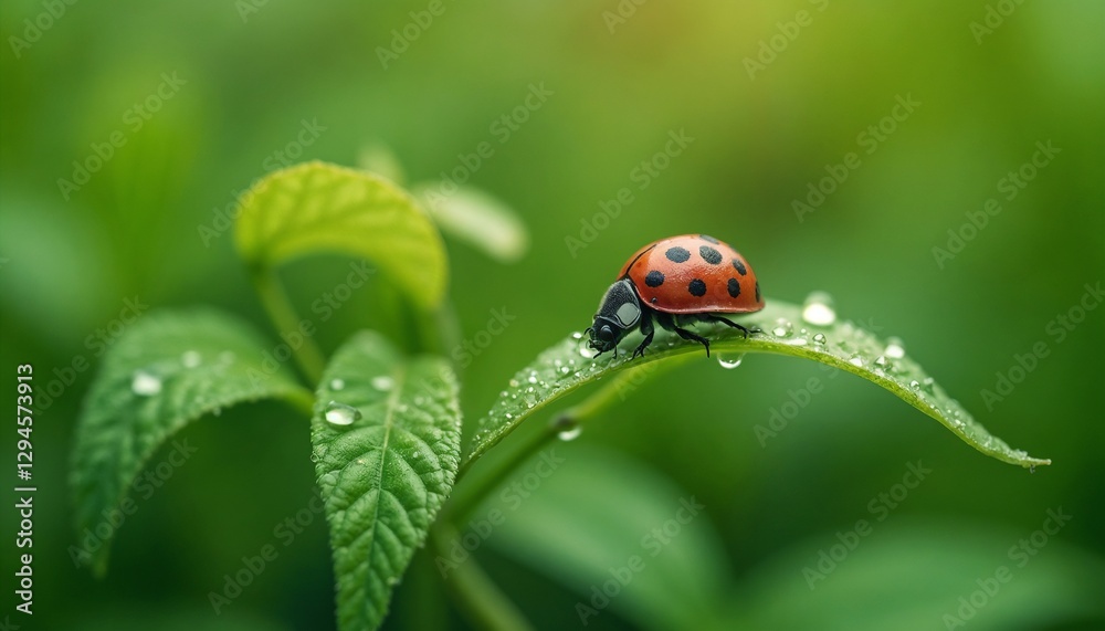 Ladybug on a leaf with dew in spring atmosphere surrounded by soft green background Ladybug on a leaf with dew in spring atmosphere surrounded by soft green background