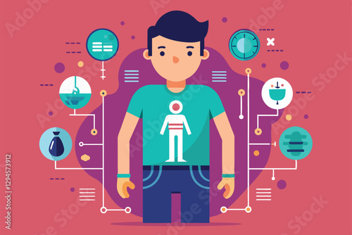 A digital depiction of a man surrounded by icons related to infertility, showcasing customization options, Man infertility Customizable Disproportionate Illustration