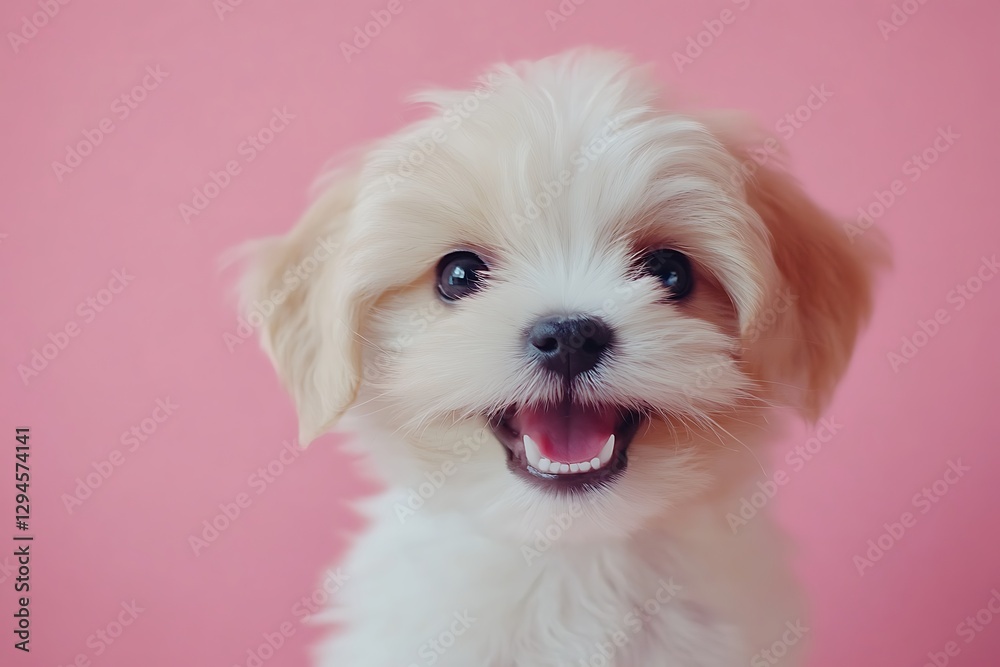 Close-up portrait of a cute white and brown puppy on a pink background Close-up portrait of a cute white and brown puppy on a pink background
