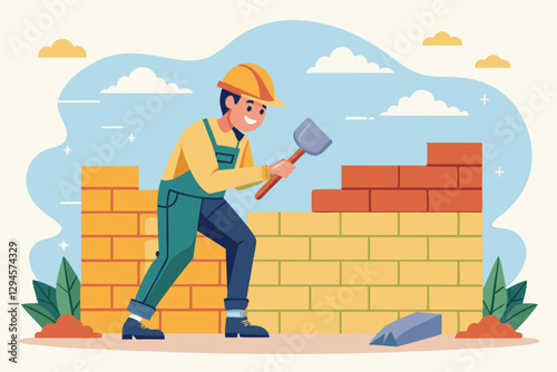 A man in protective gear uses a spade to construct a brick wall in a sunny outdoor setting, Man in uniform and protective helmet with spade builds wall,