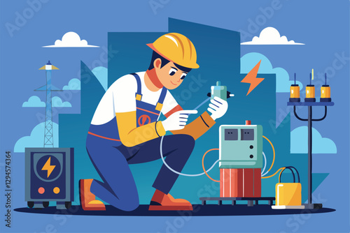 A man in a protective helmet fixes electrical equipment while kneeling on the ground, Man in uniform and protective white helmet repairs electricity and voltage,