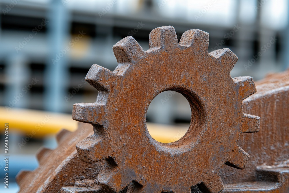 Close-up of a rusty gear, showing its teeth and central hole, industrial background blurred, suggesting age and disuse. Close-up of a rusty gear, showing its teeth and central hole, industrial background blurred, suggesting age and disuse.
