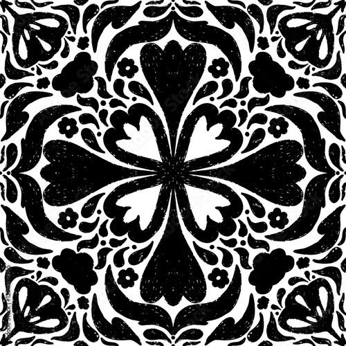 Intricate black pattern with symmetrical ornamental pattern in linocut style. Grunge texture tile shape. vector element