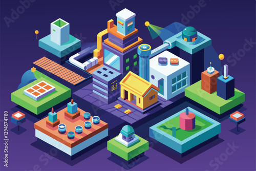 An isometric cityscape featuring diverse buildings and factories arranged for interactive customization, Manipulation Customizable Isometric Illustration