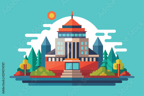 A bright, semi-flat illustration showcasing a striking building amidst greenery under a sunny sky, Manipulation Customizable Semi Flat Illustration