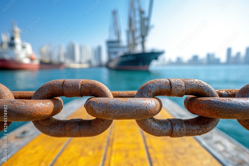 Naklejka premium Rusty chain close-up, blurred background of ships and cityscape, harbor or shipyard setting, focus on chain link.