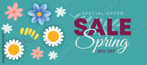 Spring special offer vector banner background with spring season sale text and flower.