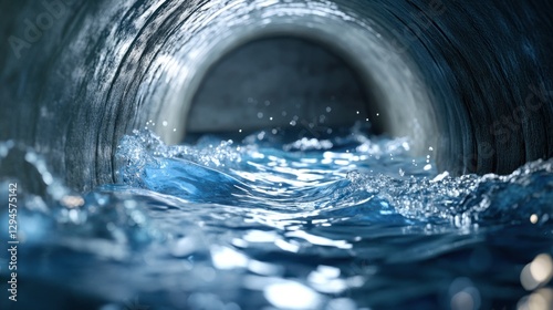 Flowing water inside a dark pipe, creating small waves and splashes.