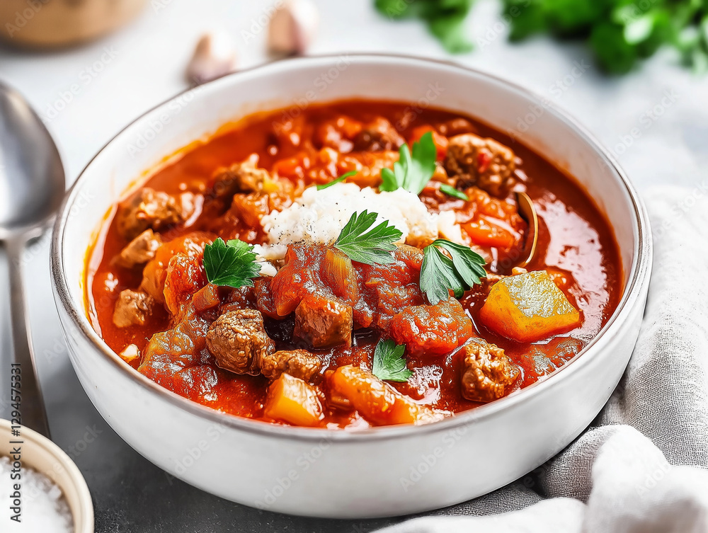 Delicious beef stew with vegetables, herbs, and creamy topping simmering in bowl Delicious beef stew with vegetables, herbs, and creamy topping simmering in bowl