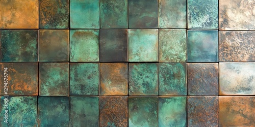 Abstract texture of oxidized copper tiles with green and brown tones