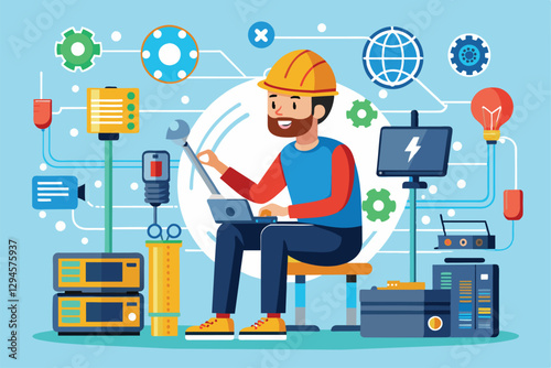 A man works diligently on a laptop while fixing internet issues, surrounded by various tech equipment, man is working on repairing the internet network