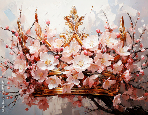 Gold crown with pink cherry blossom vector, floral wall art painting background