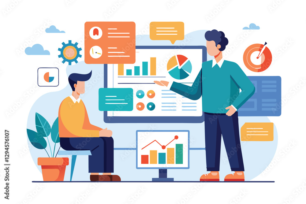 A man presents company analysis data to a colleague in a bright office, discussing performance insights, man looking at company analysis data screen A man presents company analysis data to a colleague in a bright office, discussing performance insights, man looking at company analysis data screen