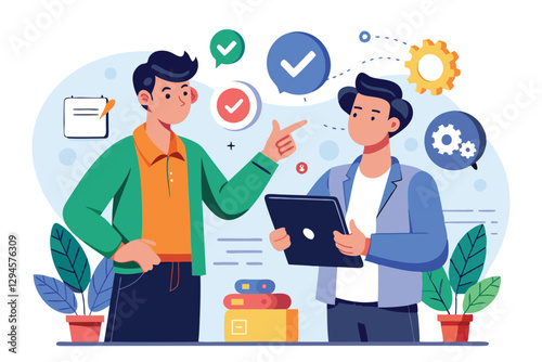 A young man discusses product choices with a peer, using a tablet in a contemporary environment, Man makes choice, Young guy evaluates product or service,