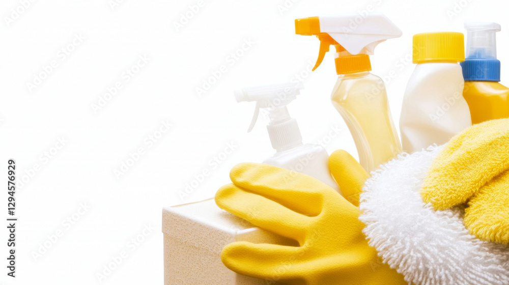 Cleaning supplies and gloves for household chores on white background, Spring cleaning concept