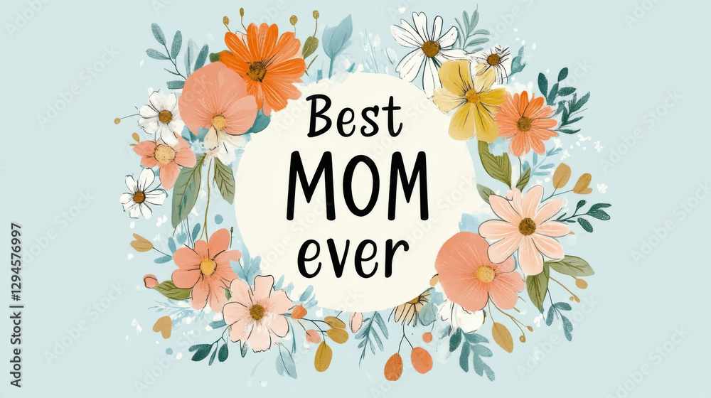 Fototapeta premium Mothers Day floral design with Best Mom Ever text surrounded by flowers, holiday celebration postcard