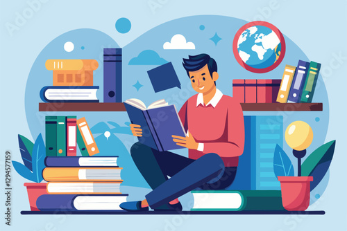 A man is deeply focused on reading a book at home, surrounded by books and a globe, man reading book onlie concept online library