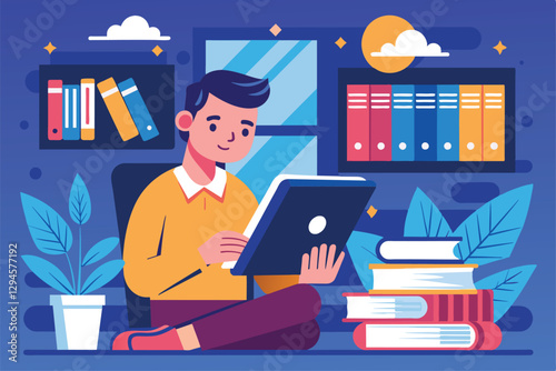 A man relaxes as he enjoys reading a book in a peaceful home environment filled with plants, man reading book online